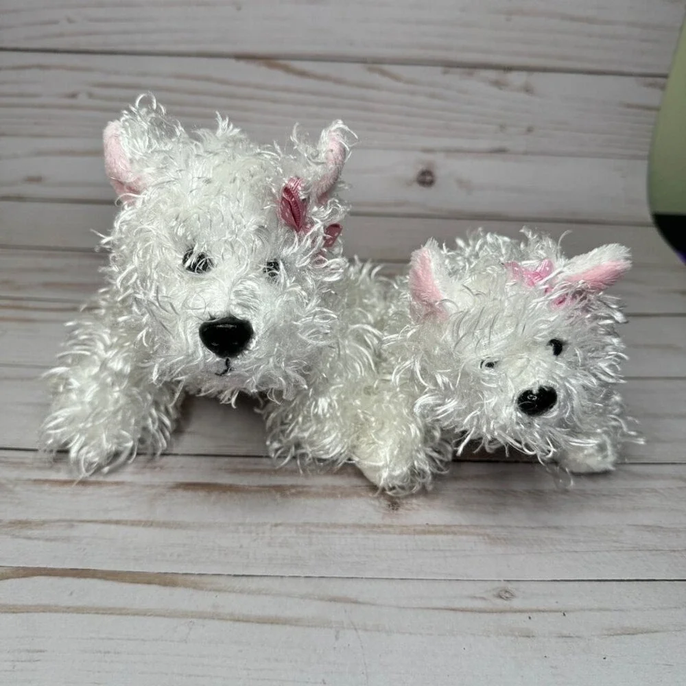 Lot of 2 Ganz White Terrier Dogs Puppy Plush Stuffed Animals with Pink Bow